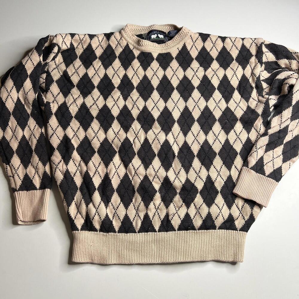 Woods & Gray Sweater Mens‎ Large Beige Black Argyle Crew Neck Knit Pullover